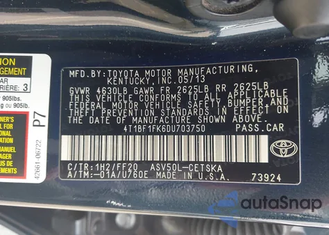 2013 Toyota Camry Se из США, поврежденный, VIN 4T1BF1FK6DU703750